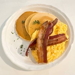 Fluffy Buttermilk Pancakes with scrambled eggs and bacon