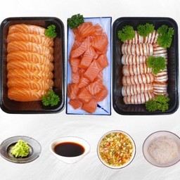 แซลมอนซาชิมิ 300 กรัม + หางหั่นเต๋า 200 กรัม + ท้องล้วน 300 กรัม