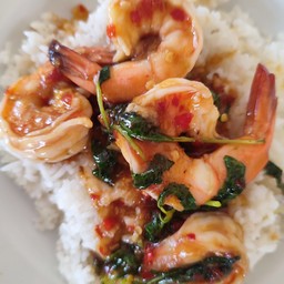 กระเพรากุ้งราดข้าว