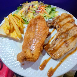 สเต็กปลา +พอร์คช๊อพ