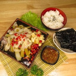 SET ปลาหมึกดองซีอิ๊วเกาหลี + ข้าวญี่ปุ่น + สาหร่าย