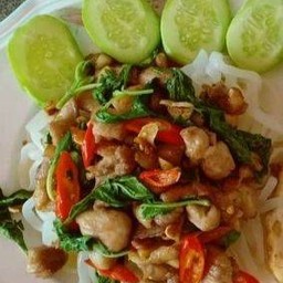 กระเพราไก่พริกแห้ง ราดข้าว