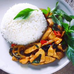 ไก่ผัดพริกโหรพาข้าวราด
