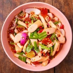 Spicy salad with Chicken sausage, salted egg yolk and lotus stem