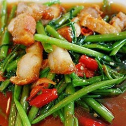 ข้าวราดผัดผักบุ้ง หมูกรอบ
