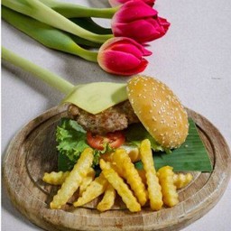 เบอร์เกอร์หมูบด+ชีส+เฟร้นฟราย