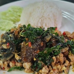 ไข่เยี่ยวม้า หมูสับ กะเพรากรอบ ราดข้าว