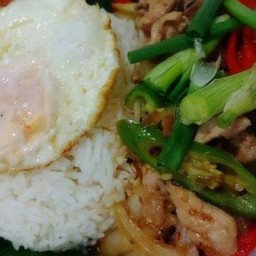 ผัดพริกสดหมูชิ้นราดข้าว+ ไข่ดาว