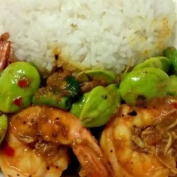 ผัดพริกแกงใต้กุ้งสะตอราดข้าว