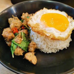 ข้าวราดกระเพราหมูเด้ง+ไข่ดาว