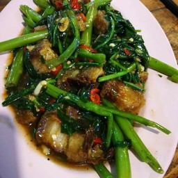 ข้าวราดผักบุ้งหมูกรอบ