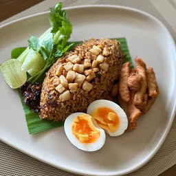 Chili Paste Fried Rice with Pork Cracklings, Soft-Boiled Egg & Crispy Fried Pork