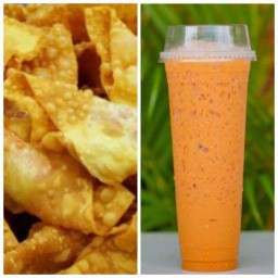 เกี๊ยวห่อหมูเด้ง + ชาเย็น