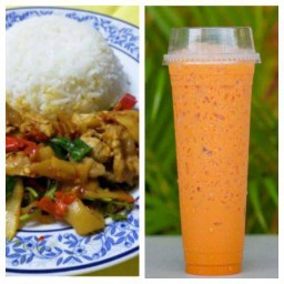 ข้าวกระเพราหน่อไม้หมูสับ + ชาเย็น