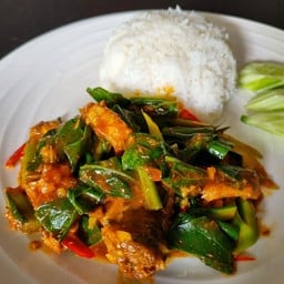 ผัดคะน้าปลากระป๋องราดข้าว