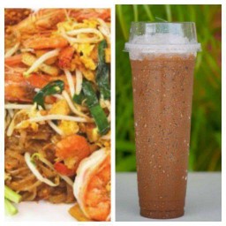 ผัดไทยกุ้งสด + กาแฟเย็น