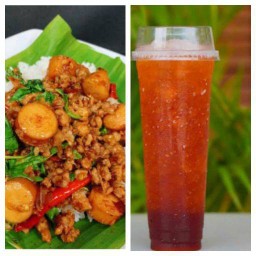 กระเพราไส้กรอกหมูสับ + ชาดำเย็น