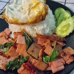 ข้าวราดกระเพราแฮมหมู+ไข่ดาว