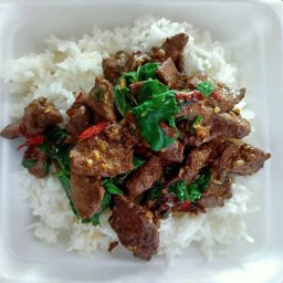 ผัดกระเพราเครื่องในไก่ราดข้าว