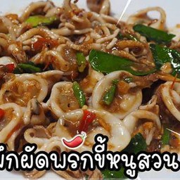 ข้าวปลาหมึกผัดพริกขี้หนูสวน