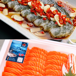 แซลมอนซาชิมิ พรีเมียมเกรด 500 กรัม+กุ้งดอง