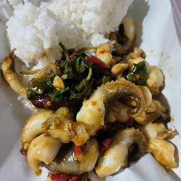 หนวดหมึกระดองผัดกระเพรา (กับข้าว)