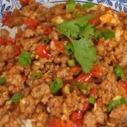 Stir Fried Minced Pork With Salted Egg And Chili Paste On Rice