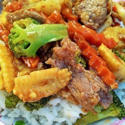 ผัดผักรวมมิตรราดข้าว