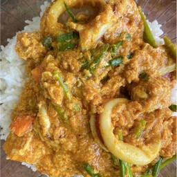 หมึกผักผงกะหรี่ราดข้าว