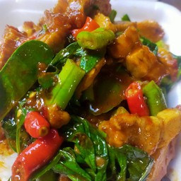 ผัดพริกแกงหมูกรอบราดข้าว(ฟรีไข่ดาว)