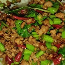 ผัดกระเพราหมูสับถั่วฝักยาว ราดข้าว
