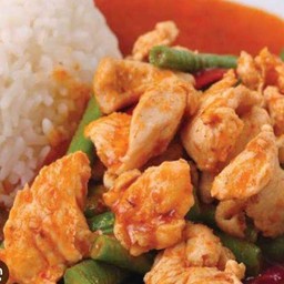 Stir Fried Chicken And Sting Bean With Red Curry Paste On Rice