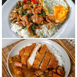 คู่อิ่ม..ข้าวหน้ากะหรี่ไก่ทอด+กะเพราะหมูชิ้นไข่ดาว