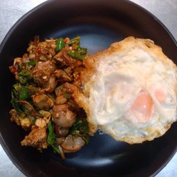 ข้าวกะเพราเครื่องในไก่ (ปกติ)+ไข่ดาว