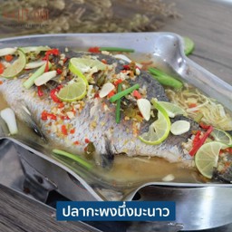 ปลากระพงนึ่งมะนาว แถม ปีกไก่ทอด