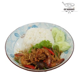 ผัดขิงกุ้ง ราดข้าว