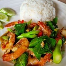 คะน้าผัดกุ้งราดข้าว