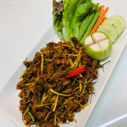 คั่วกลิ้งขาเห็ด (กับข้าว) Stir Fried Yellow Roasted With Shiitake Mushroom