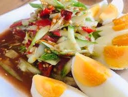 ตำแตงไข่ต้ม Cucumber salad with boiled eggs