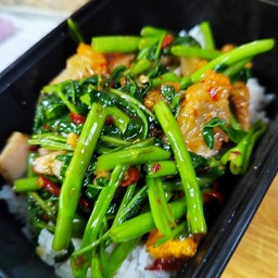 ผัดผักบุ้งหมูกรอบราดข้าว