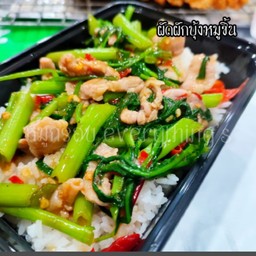 ผัดผักบุ้งหมูชิ้นราดข้าว