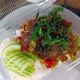 กะเพราหมูสับไข่เยี่ยวม้าราดข้าว(ฟรีไข่ดาว)