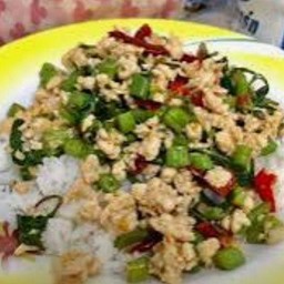 กระเพา อกไก่ ราดข้าว