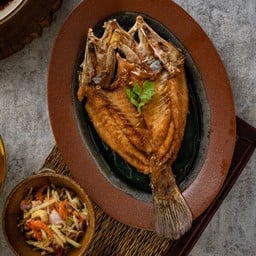 ปลากะพงทอดน้ำปลา ยำลูกม่วงเบา