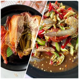 ตำแตงหมูยอกุ้งสด + ไก่อบโอ่งครึ่งตัว