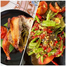 ตำถั่ว + ไก่อบโอ่งครึ่งตัว