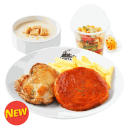 สเต๊กไก่และบอสตันแฮมซอสโคชูจัง + ส้มตำข้าวโพดเชค + ซุปข้าวโพด (เล็ก)
