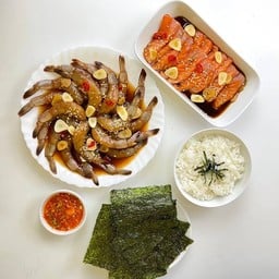 กุ้งดองโทมาเสะ แซลม่อนเนื้อหวาน (กุ้งดอง แซลม่อนดอง แซลม่อนซาชิมิ) กาญจนบุรี