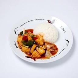 ครัวบุญไทย - ผัดเปรี้ยวหวานราดข้าว (มังสวิรัติ)