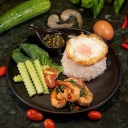 ข้าวราดกระเพรากุ้ง+ไข่ดาว